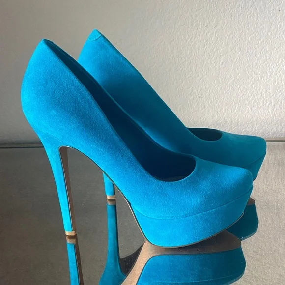 Bright Teal Platform High Heels - Women's Pumps - Picture 7 of 12